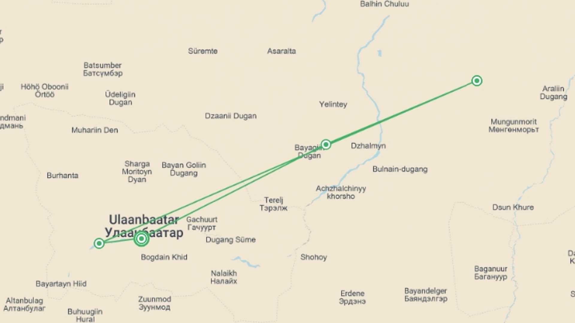 A map showing the tour itinerary for the trip: Mongolian Steppe Adventure, starting in Ulaanbaatar, Mongolia and ending in Ulaanbaatar, Mongolia going through 3 other destinations.