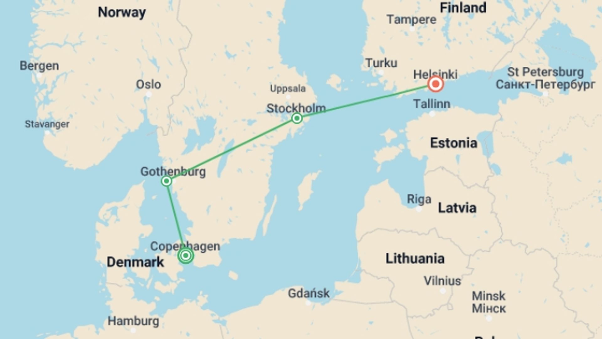 A map showing the tour itinerary for the trip: Essential Scandinavia, starting in Copenhagen, Denmark and ending in Helsinki, Finland going through 2 other destinations.