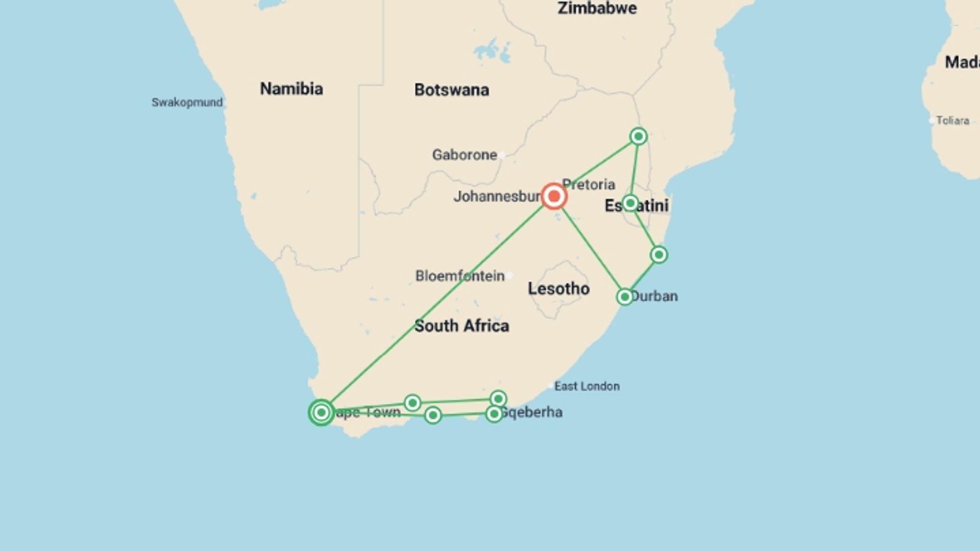 A map showing the tour itinerary for the trip: Sea, Safari, South Africa, starting in Cape Town, South Africa and ending in Johannesburg, South Africa going through 7 other destinations.