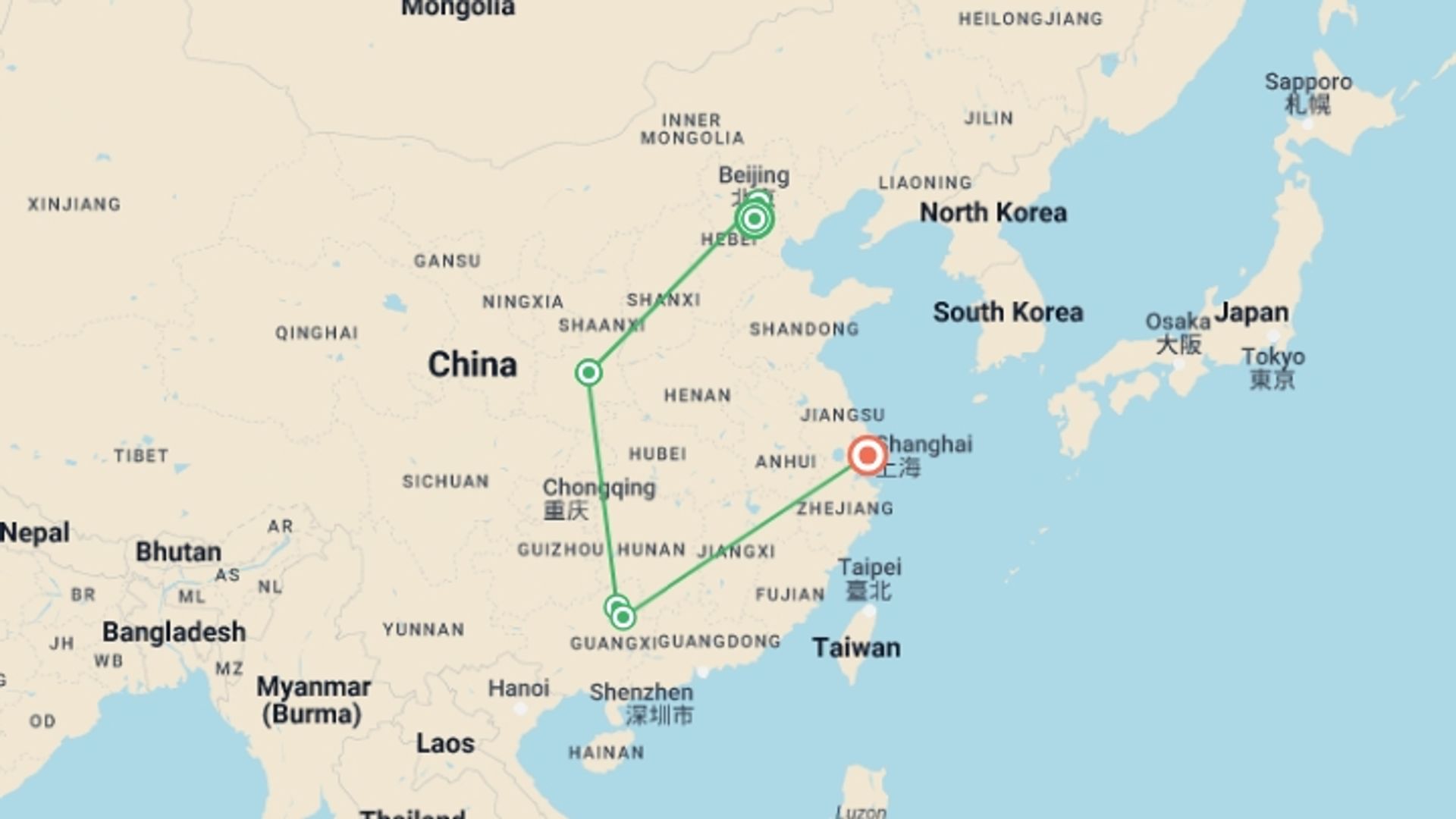 A map showing the tour itinerary for the trip: Historic China Tour - Small Group, starting in Beijing, China and ending in Shanghai, China going through 4 other destinations.