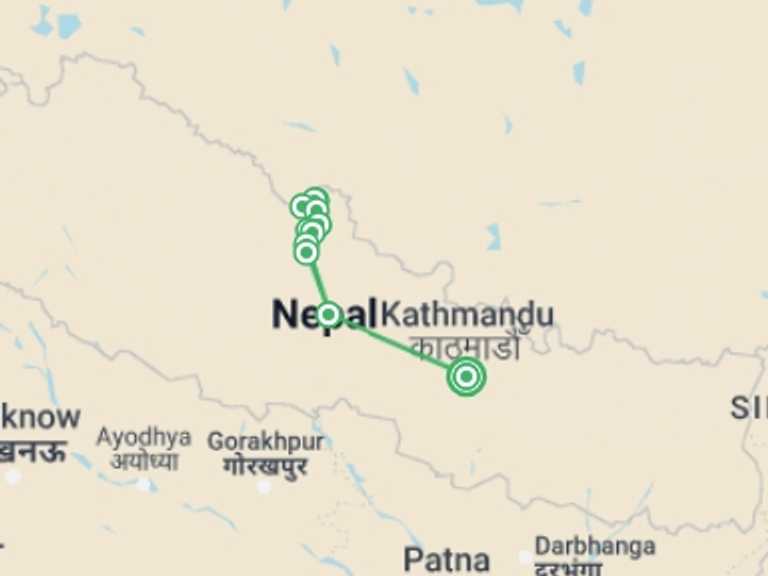 Map itinerary of Nepal Tour in Winter with 12 destination visits for the trip: Upper Mustang Trek