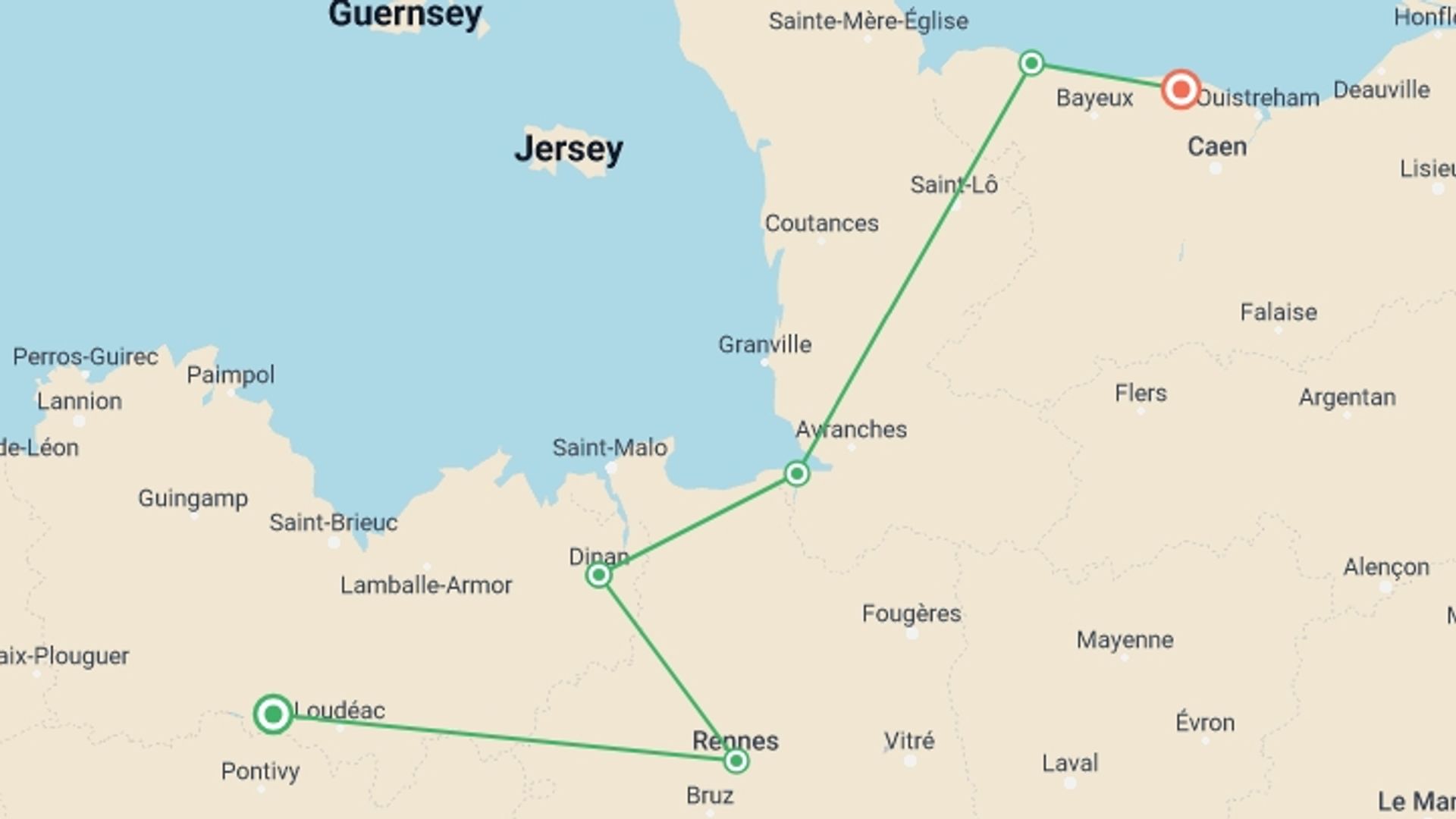 A map showing the tour itinerary for the trip: Cycle Northern France: Brittany to Normandy, starting in Brittany, France and ending in Saint Aubin Sur Mer , France going through 6 other destinations.