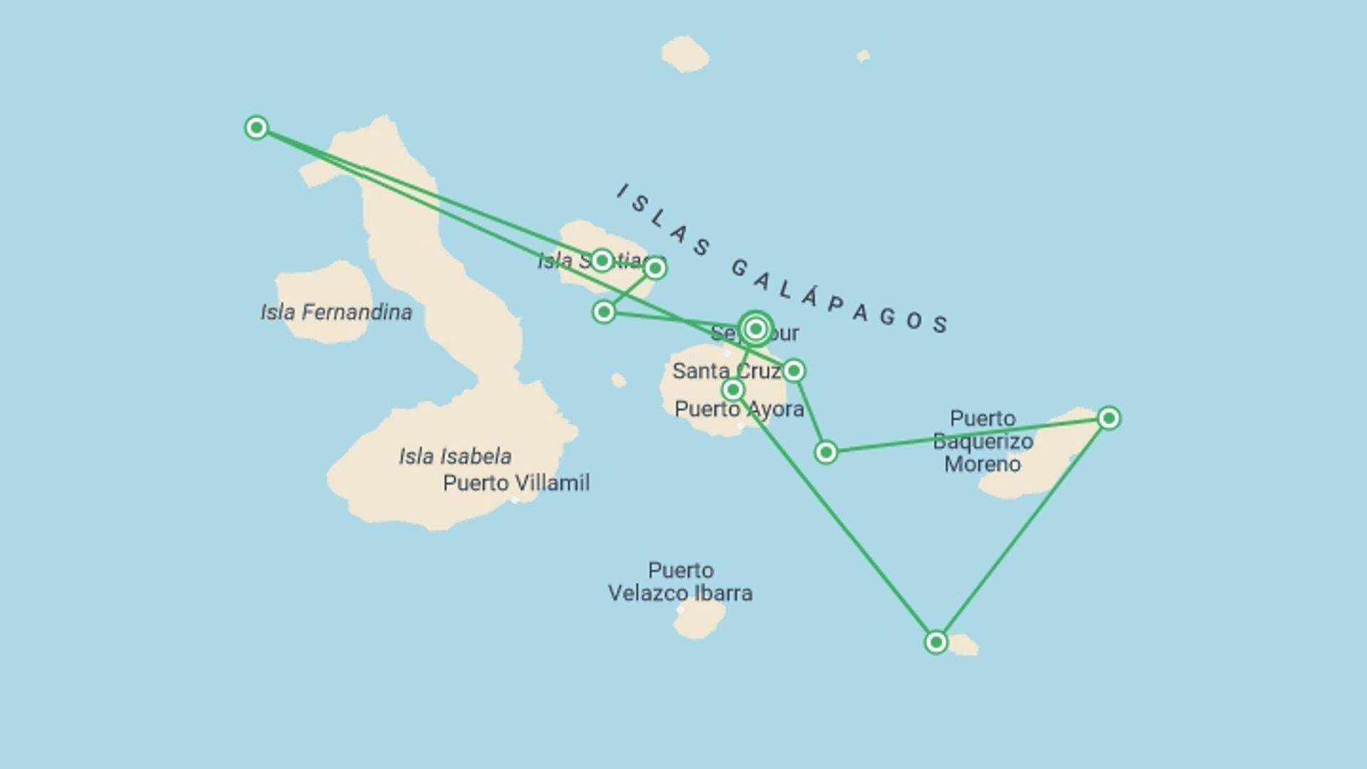 A map showing the tour itinerary for the trip: Galápagos – Central and East Islands aboard the Reina Silvia Voyager (Cruise Only), starting in Baltra Island, Ecuador and ending in Baltra Island, Ecuador going through 7 other destinations.