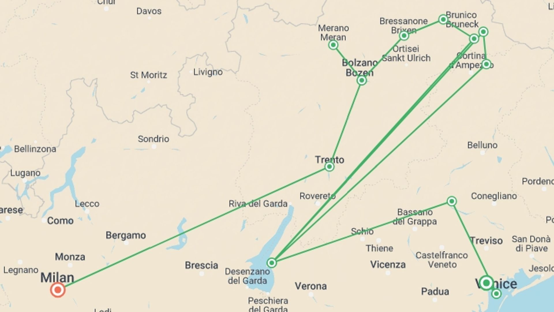 A map showing the tour itinerary for the trip: Alpine Adventure: Discovering the Dolomites, starting in undefined, Italy and ending in undefined, Italy going through 0 other destinations.