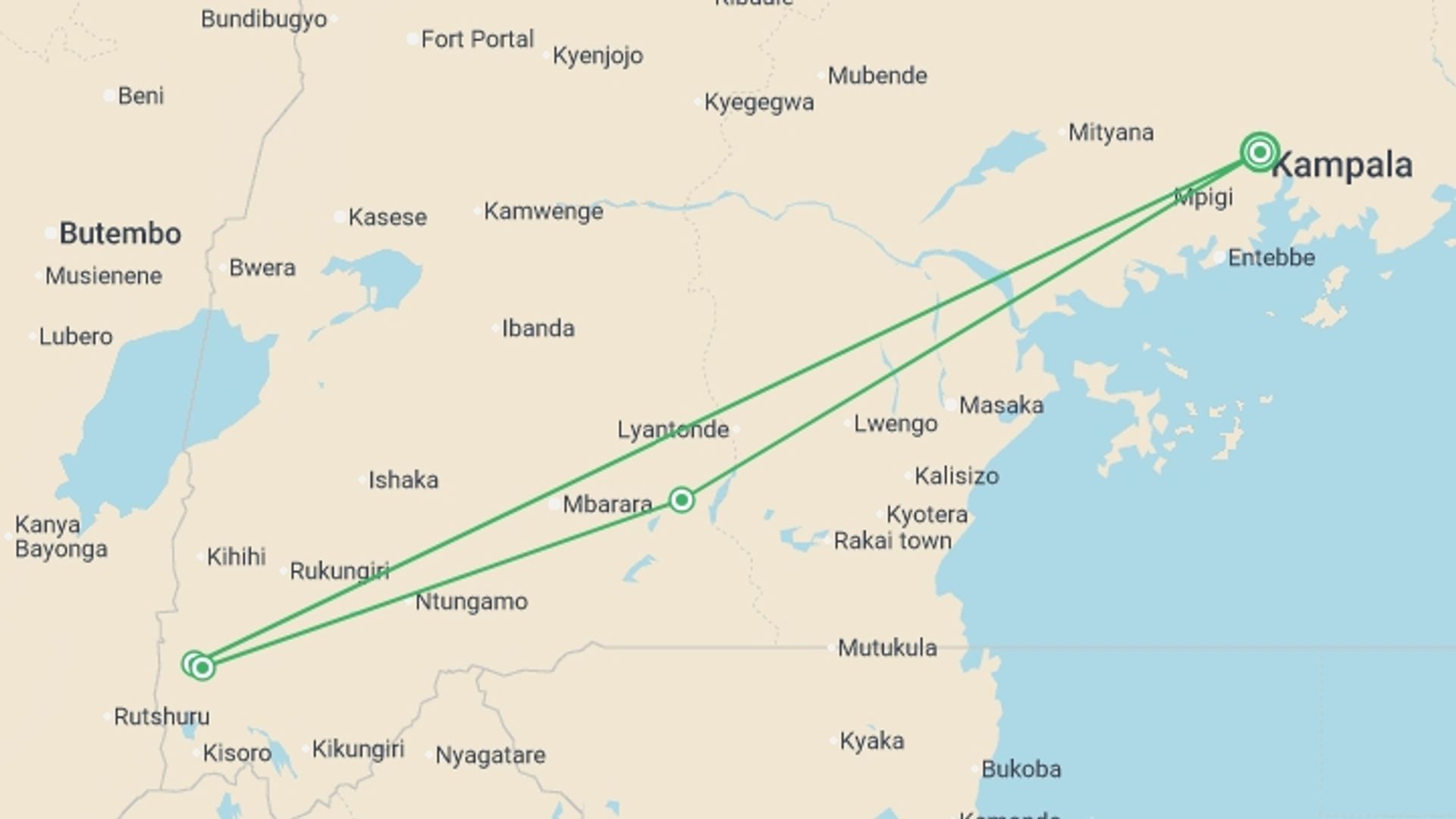A map showing the tour itinerary for the trip: Uganda Gorilla Trek Independent Short Break, starting in Kampala, Uganda and ending in Kampala, Uganda going through 3 other destinations.