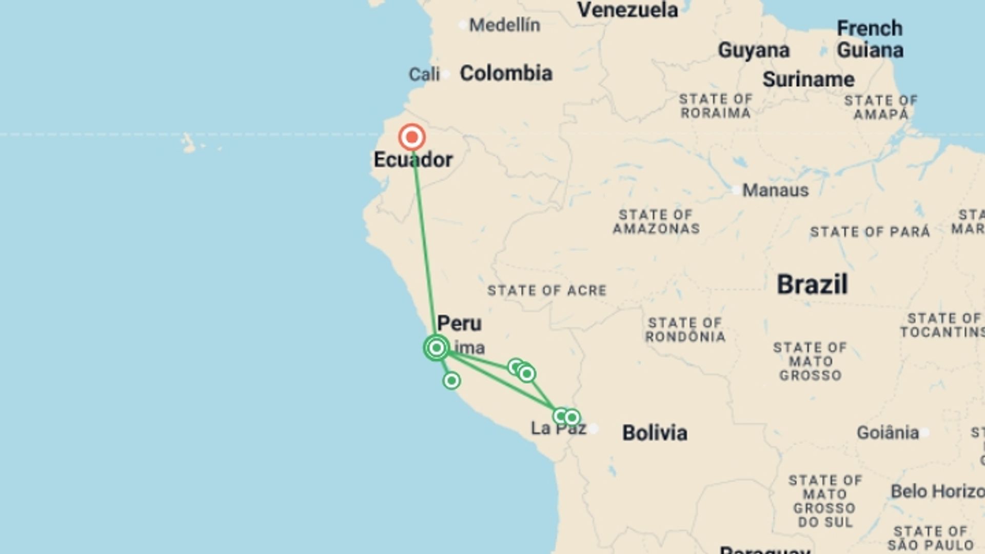 A map showing the tour itinerary for the trip: Land of the Incas, starting in Lima, Peru and ending in Quito, Ecuador going through 6 other destinations.