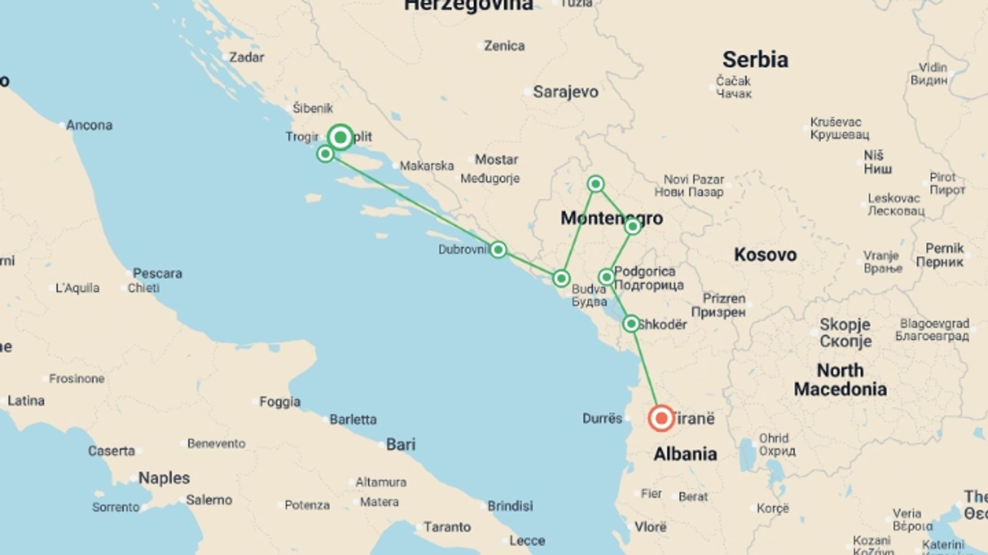 A map showing the tour itinerary for the trip: Sail Croatia and Explore Montenegro, starting in Split, Croatia and ending in Tirana, Albania going through 7 other destinations.