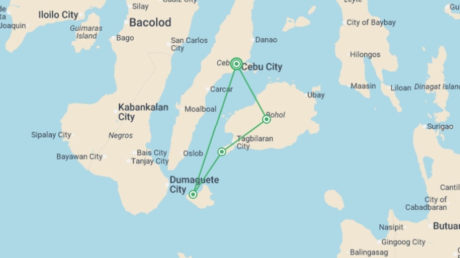 A map showing the tour itinerary for the trip: Essential Philippines, starting in Cebu, Philippines and ending in Cebu, Philippines going through 3 other destinations.