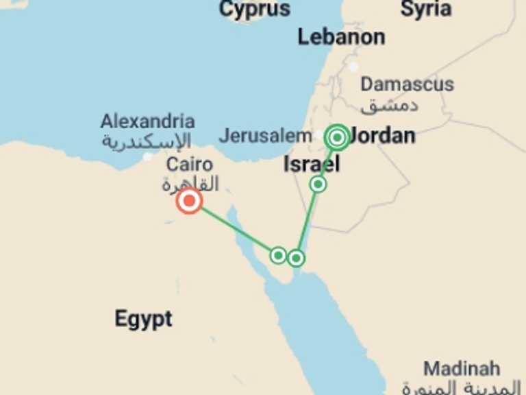 Map of Madaba Tour with 5 destination visits for the trip: Jordan to Egypt: The Sinai Peninsula & The Shimmering Red Sea