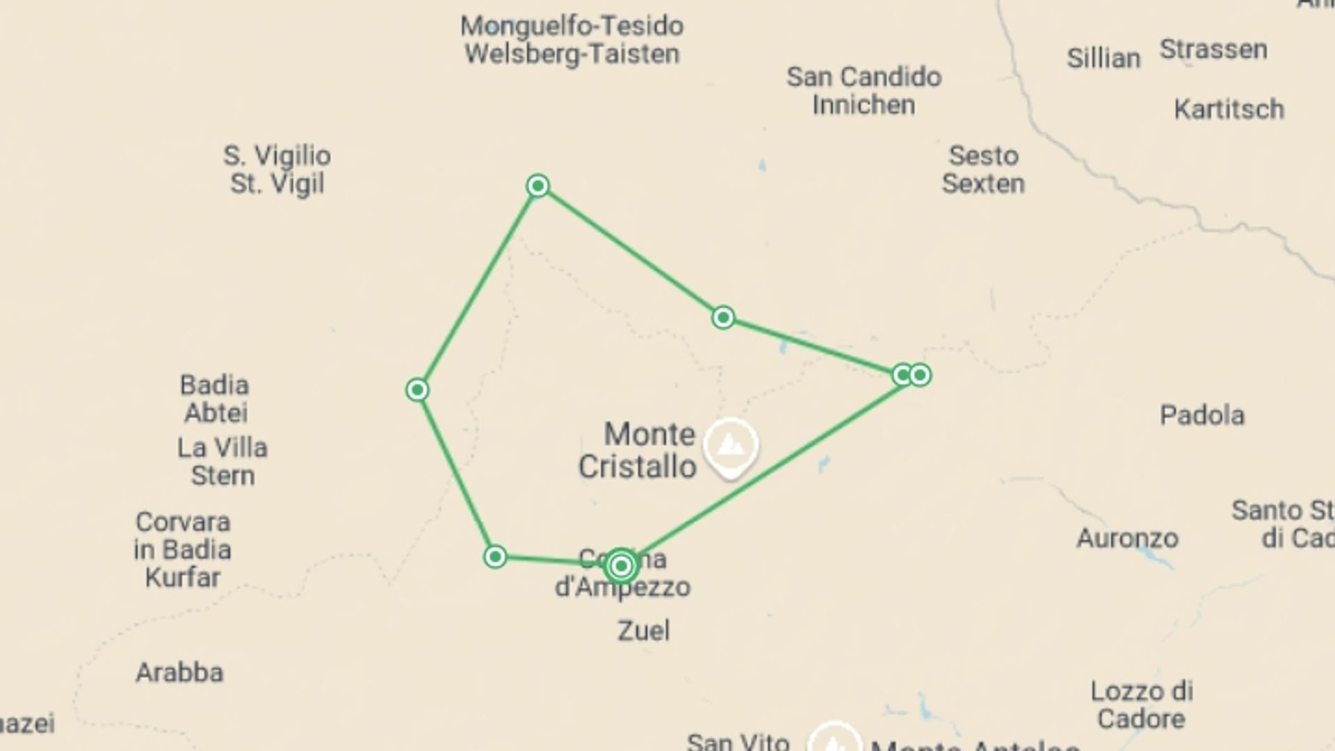 A map showing the tour itinerary for the trip: Dolomites Hut to Hut Guided Hike, starting in Cortina d'Ampezzo, Italy and ending in Cortina d'Ampezzo, Italy going through 6 other destinations.