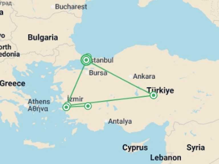 Map of Turkey Tour with 3 destination visits for the trip: Istanbul, Ephesus, Pamukkale & Cappadocia Tour