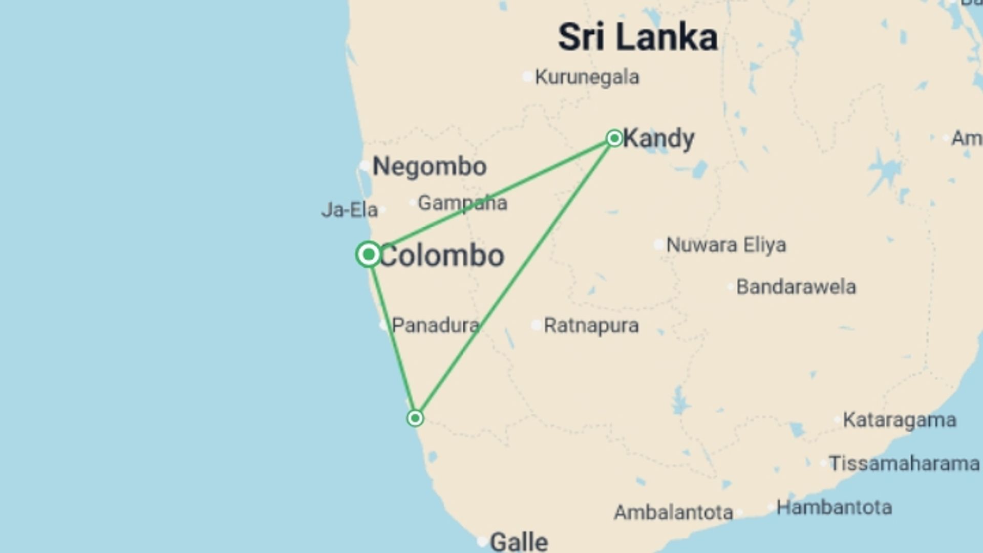 A map showing the tour itinerary for the trip: Colombo, Kandy & Beach 5 star - 4 days, starting in Colombo, Sri Lanka and ending in Colombo, Sri Lanka going through 2 other destinations.