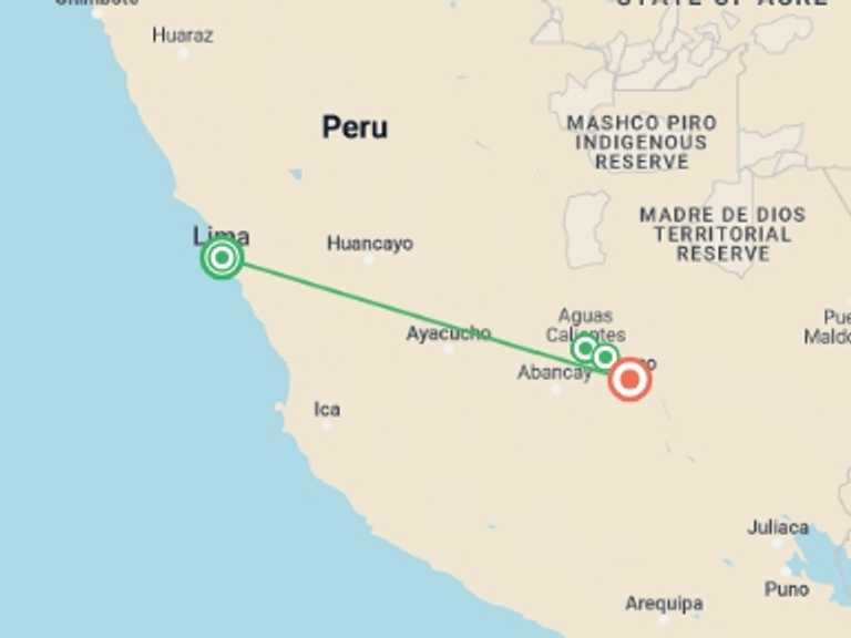 Map of Lima Tour with 6 destination visits for the trip: Inca Trail Express from Lima