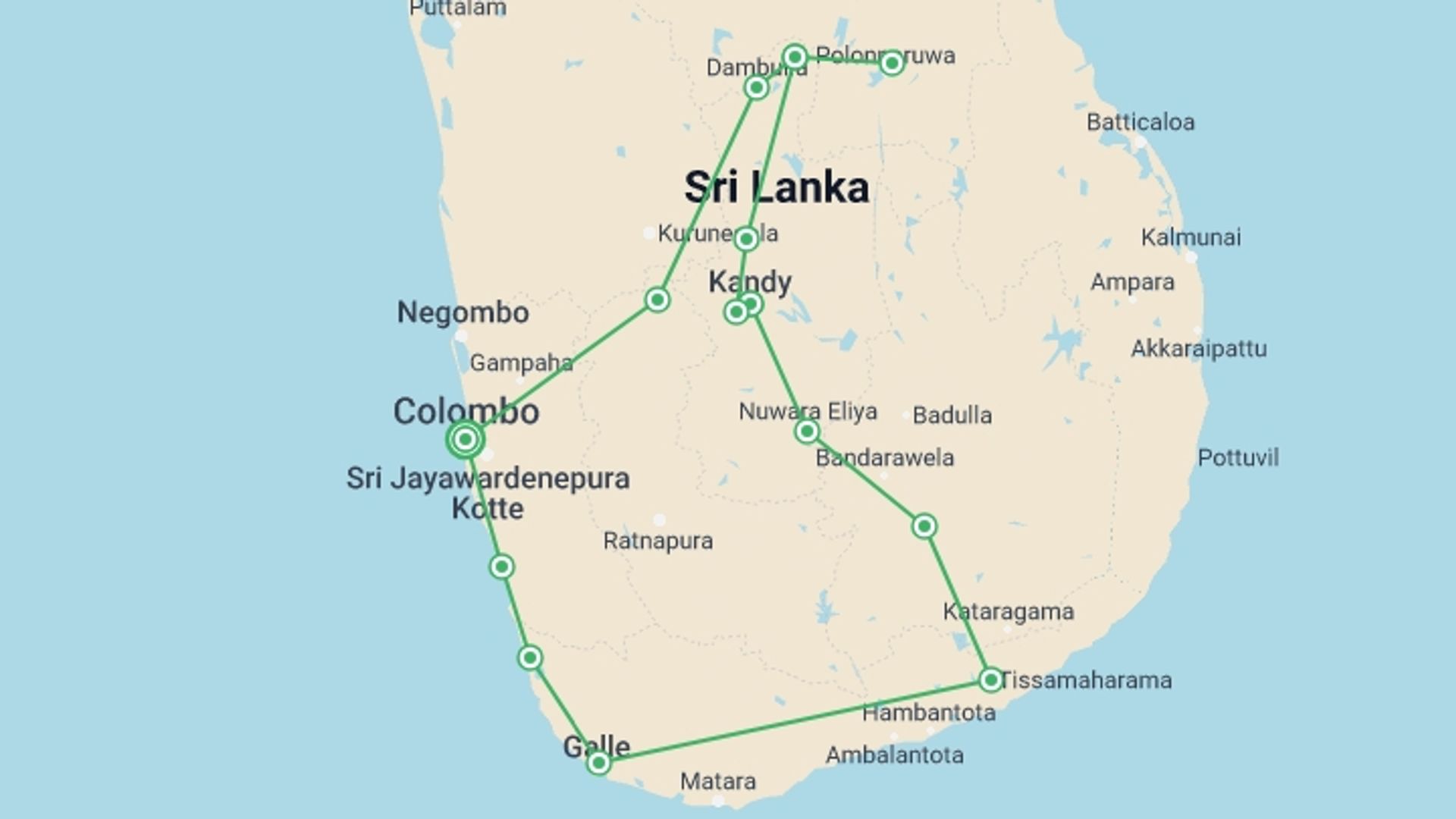A map showing the tour itinerary for the trip: The Pick Of Sri Lanka, starting in Colombo, Sri Lanka and ending in Colombo, Sri Lanka going through 5 other destinations.