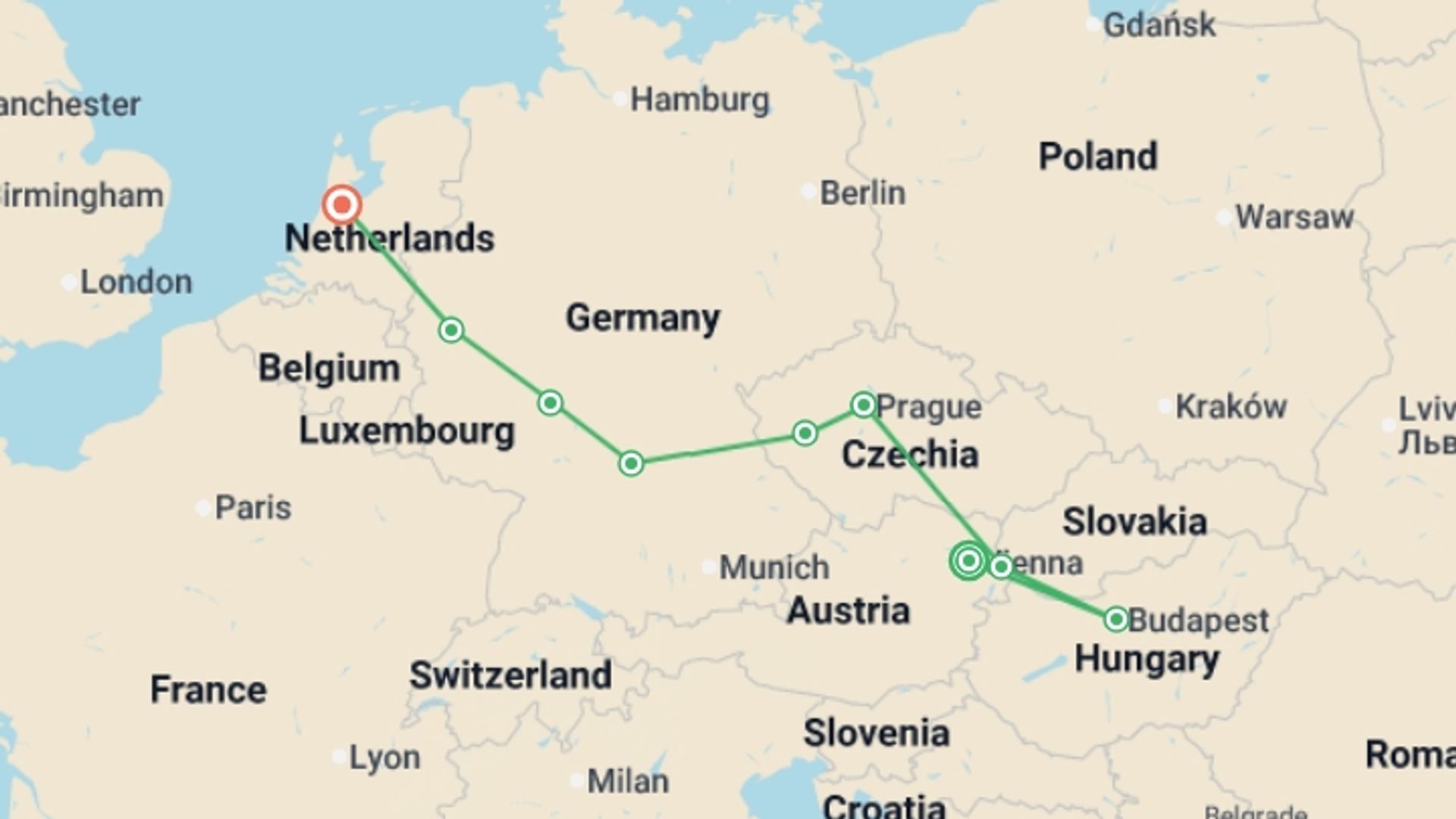 A map showing the tour itinerary for the trip: European Charm AR, starting in Vienna, Austria and ending in Amsterdam, Holland going through 4 other destinations.