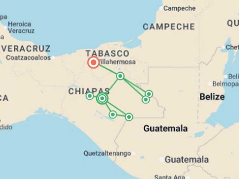 Map itinerary of North America Tour in August 2026 with 3 destination visits for the trip: Chiapas Explorer