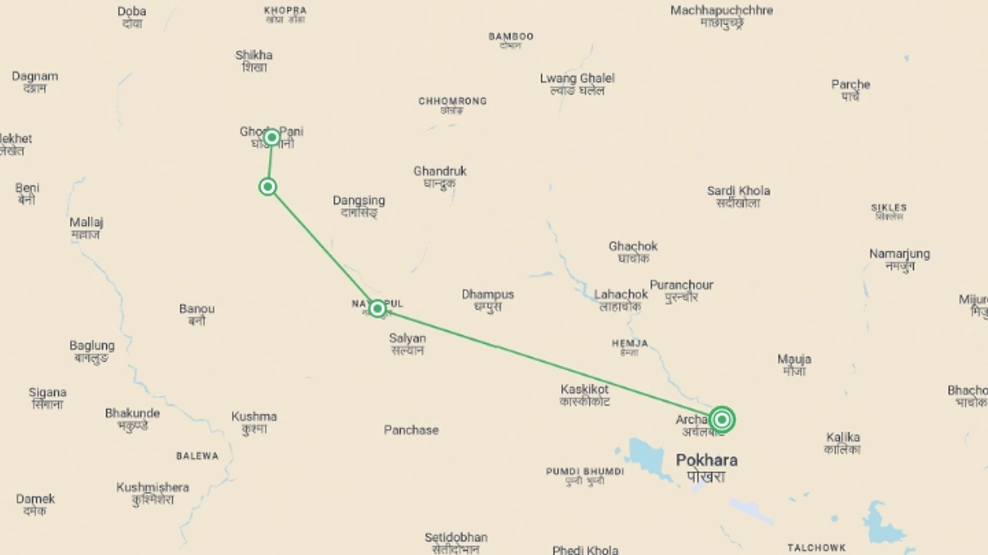 A map showing the tour itinerary for the trip: Poon Hill Trek in 3 Days, starting in Pokhara, Nepal and ending in Pokhara, Nepal going through 3 other destinations.