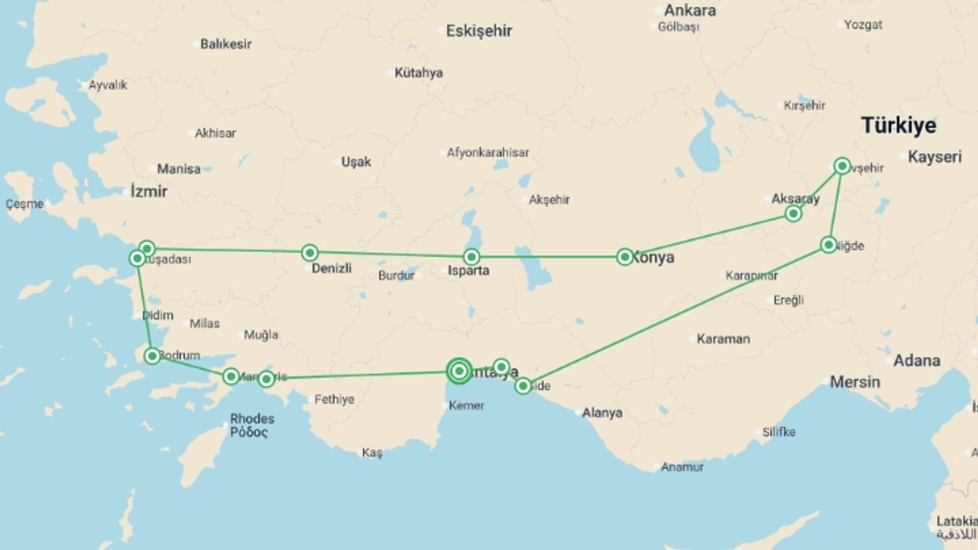 A map showing the tour itinerary for the trip: Turkish Ring, starting in Antalya, Turkey and ending in Antalya, Turkey going through 6 other destinations.