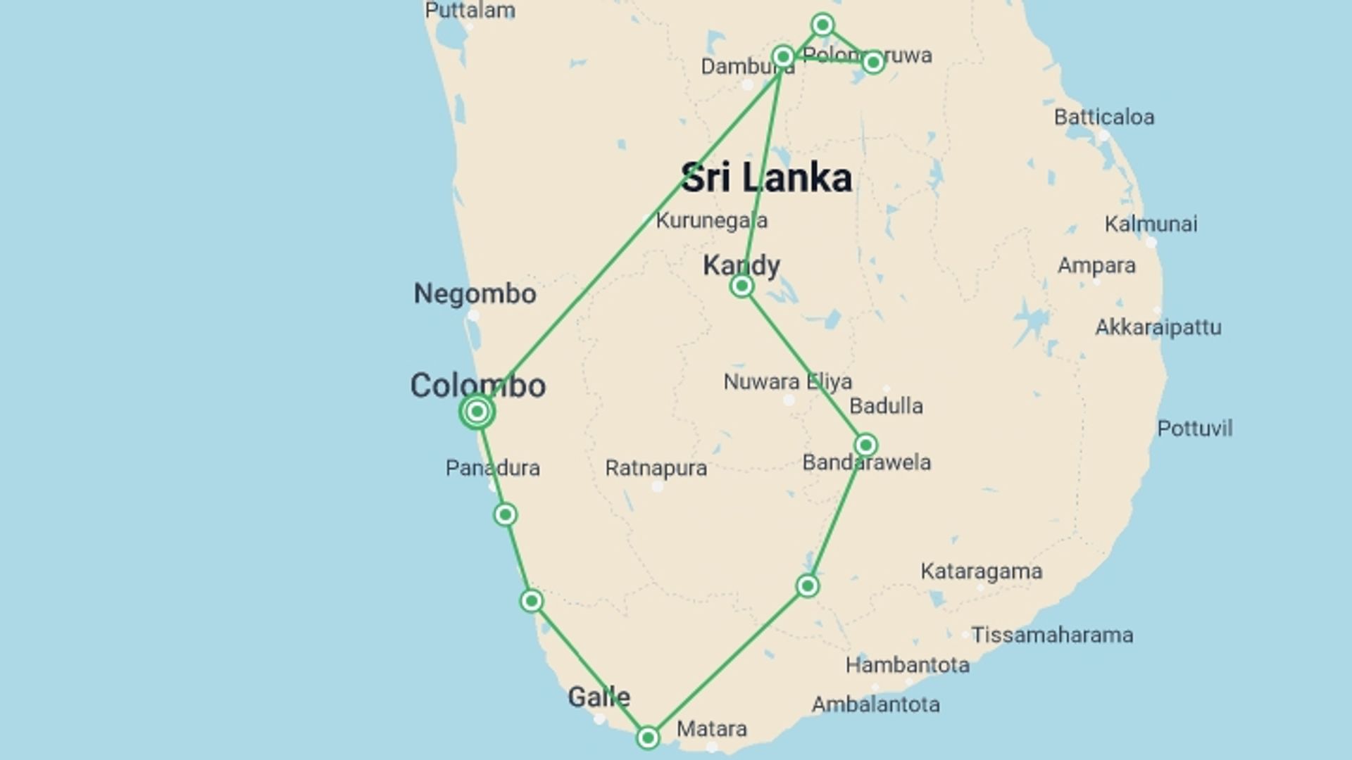 A map showing the tour itinerary for the trip: Sri Lanka by Bike, starting in Colombo, Sri Lanka and ending in Colombo, Sri Lanka going through 9 other destinations.