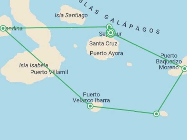 Map itinerary of Baltra Island Tour in Fall with 7 destination visits for the trip: YACHT ISABELA II NATURAL SELECTION JOURNEY (Fri - Thurs)