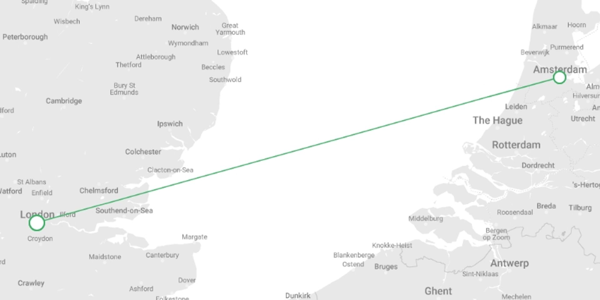 A map showing the tour itinerary for the trip: Amsterdam for Easter, starting in London, England and ending in London, England going through 1 other destinations.