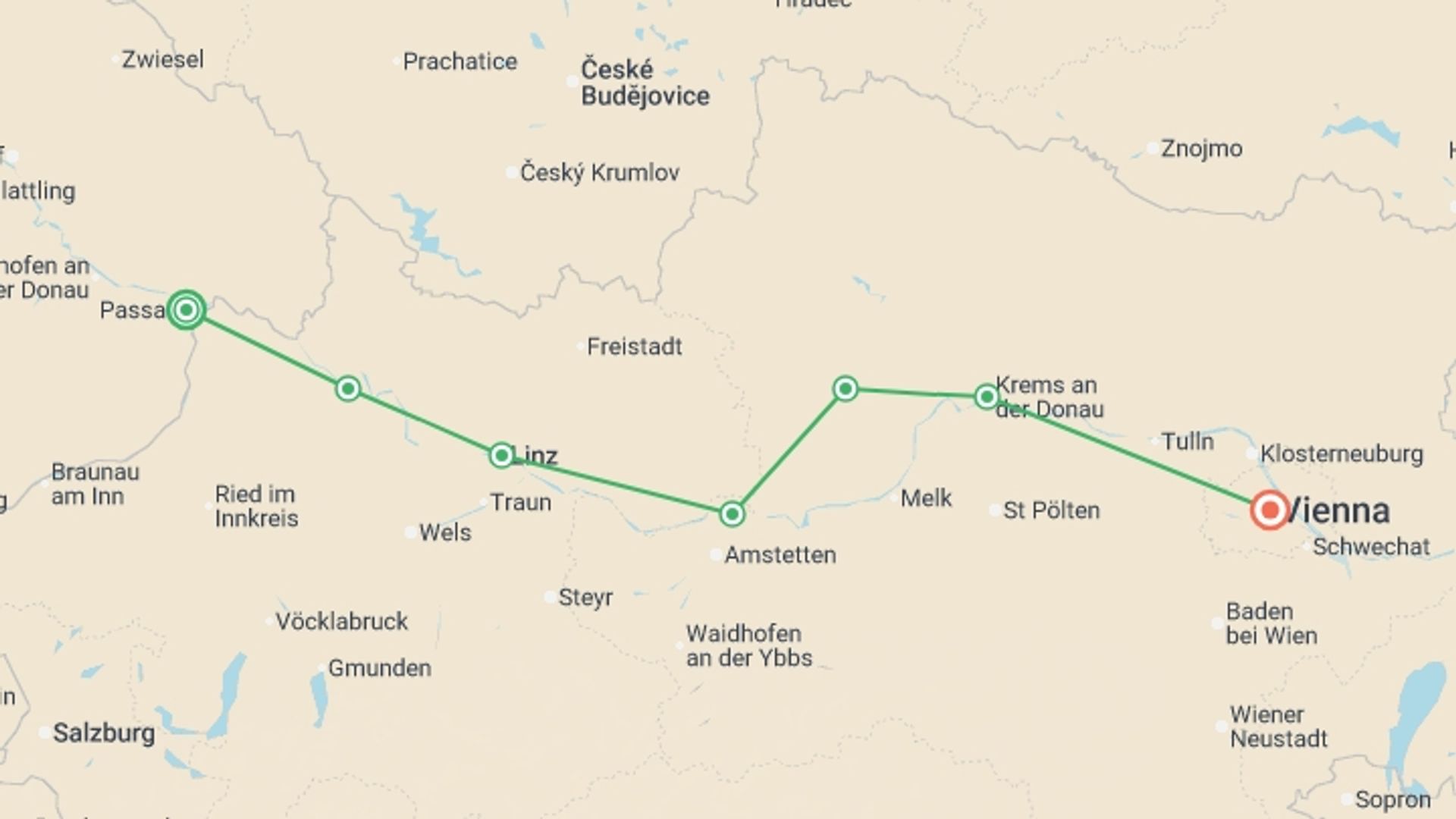 A map showing the tour itinerary for the trip: Blue Danube Cycle to Vienna in Comfort, starting in Passau, Germany and ending in Vienna, Austria going through 5 other destinations.
