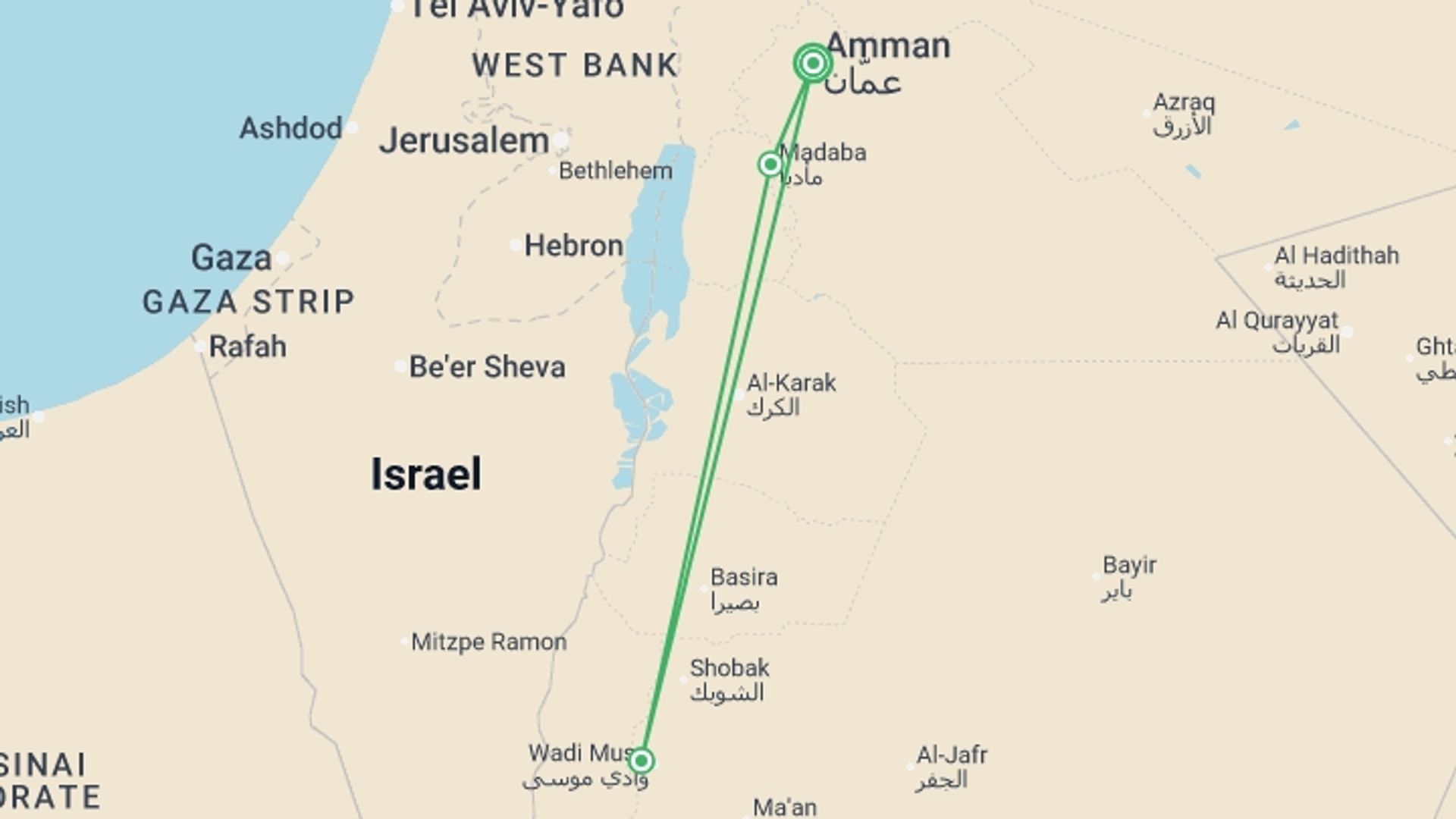 A map showing the tour itinerary for the trip: Jordan Group Discovery 6D/5N, starting in Amman, Jordan and ending in Amman, Jordan going through 1 other destinations.