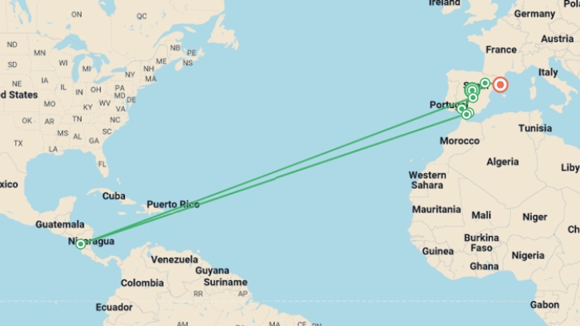 A map showing the tour itinerary for the trip: Solo Lite Simply Spain, starting in Madrid, Spain and ending in Barcelona, Spain going through 4 other destinations.