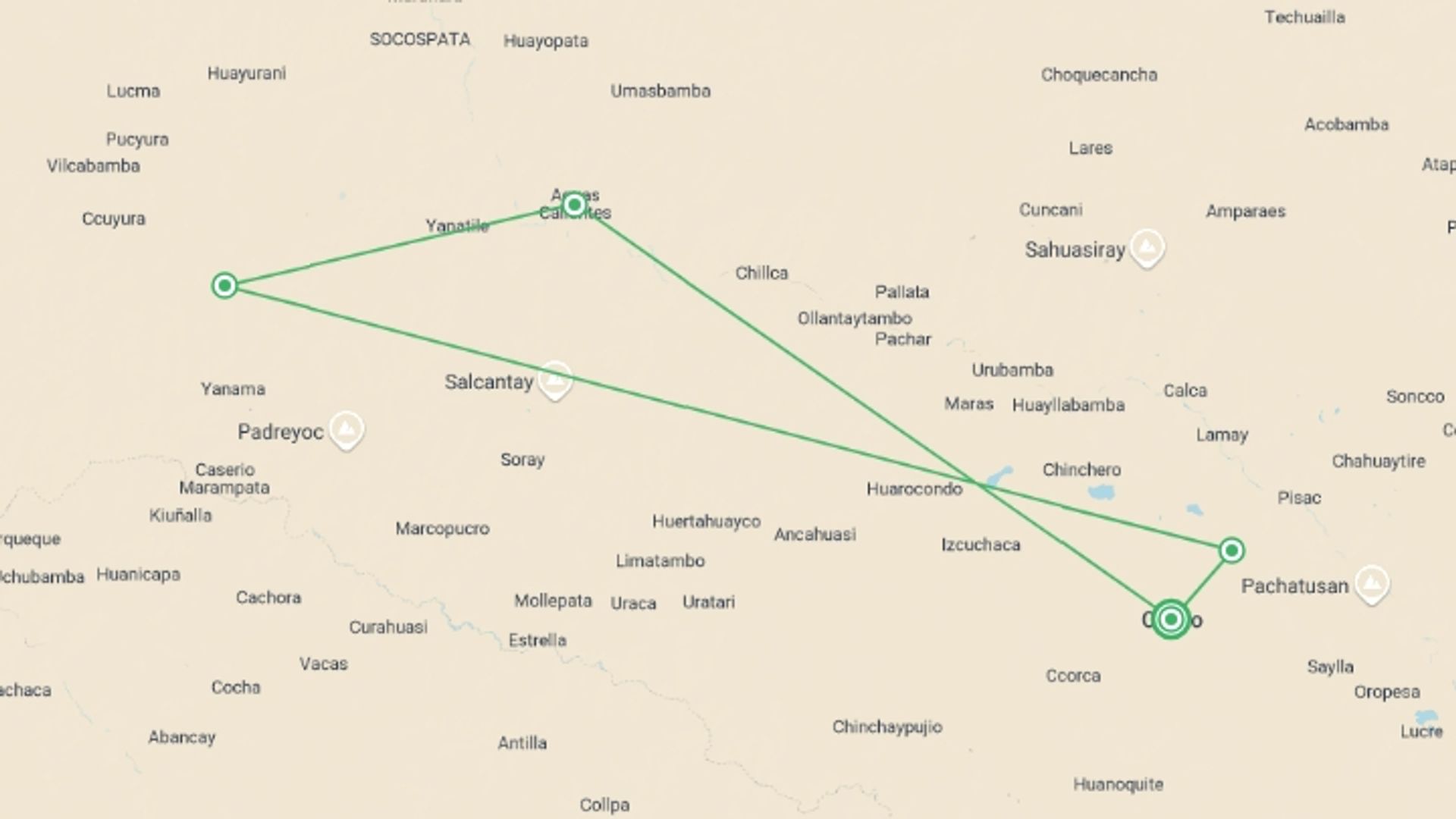 A map showing the tour itinerary for the trip: Inca Quarry Trek to Machu Picchu 4D/3N, starting in Cusco, Peru and ending in Cusco, Peru going through 6 other destinations.