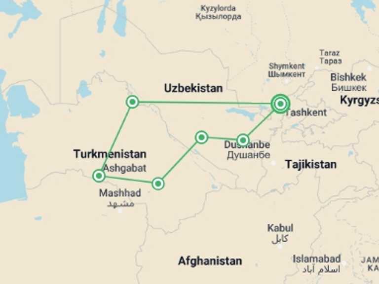 Map itinerary of Uzbekistan Tour in September 2025 with 6 destination visits for the trip: Central Asia Journey