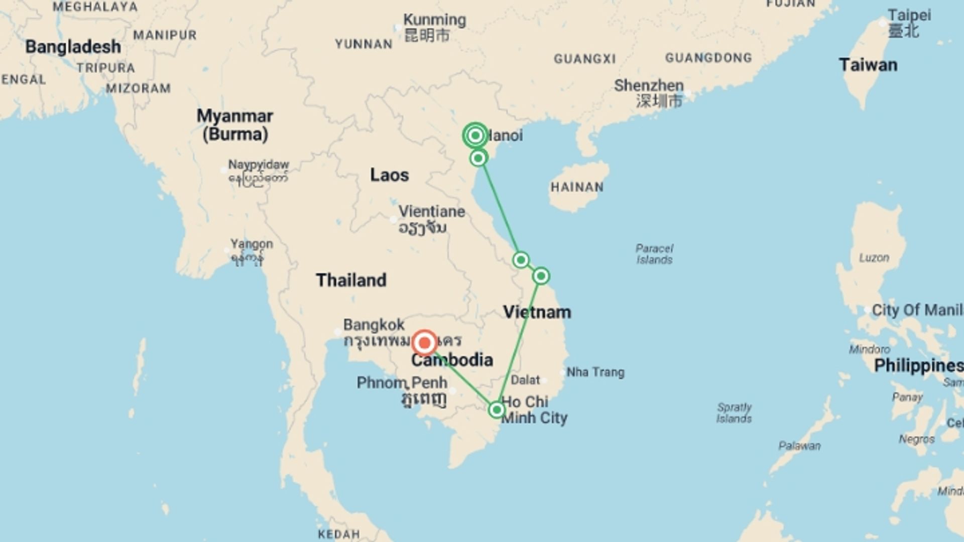 A map showing the tour itinerary for the trip: Southeast Asia Family Journey: Vietnam to Cambodia, starting in Hanoi, Vietnam and ending in Siem Reap, Cambodia going through 4 other destinations.