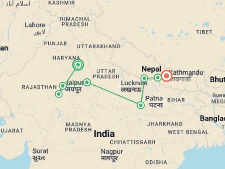 Map itinerary of Varanasi Tour in November 2025 with 8 destination visits for the trip: Real Delhi to Kathmandu