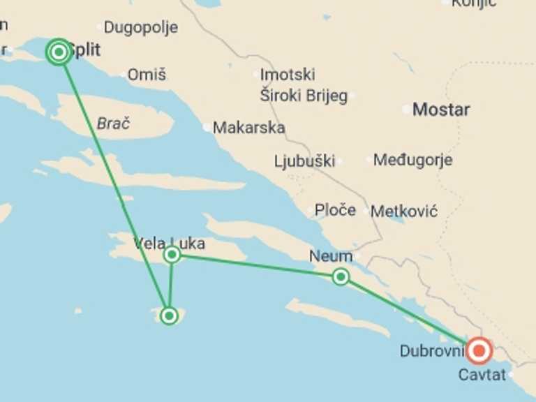Map itinerary of Europe Tour in October 2026 with 4 destination visits for the trip: Premium Split to Dubrovnik