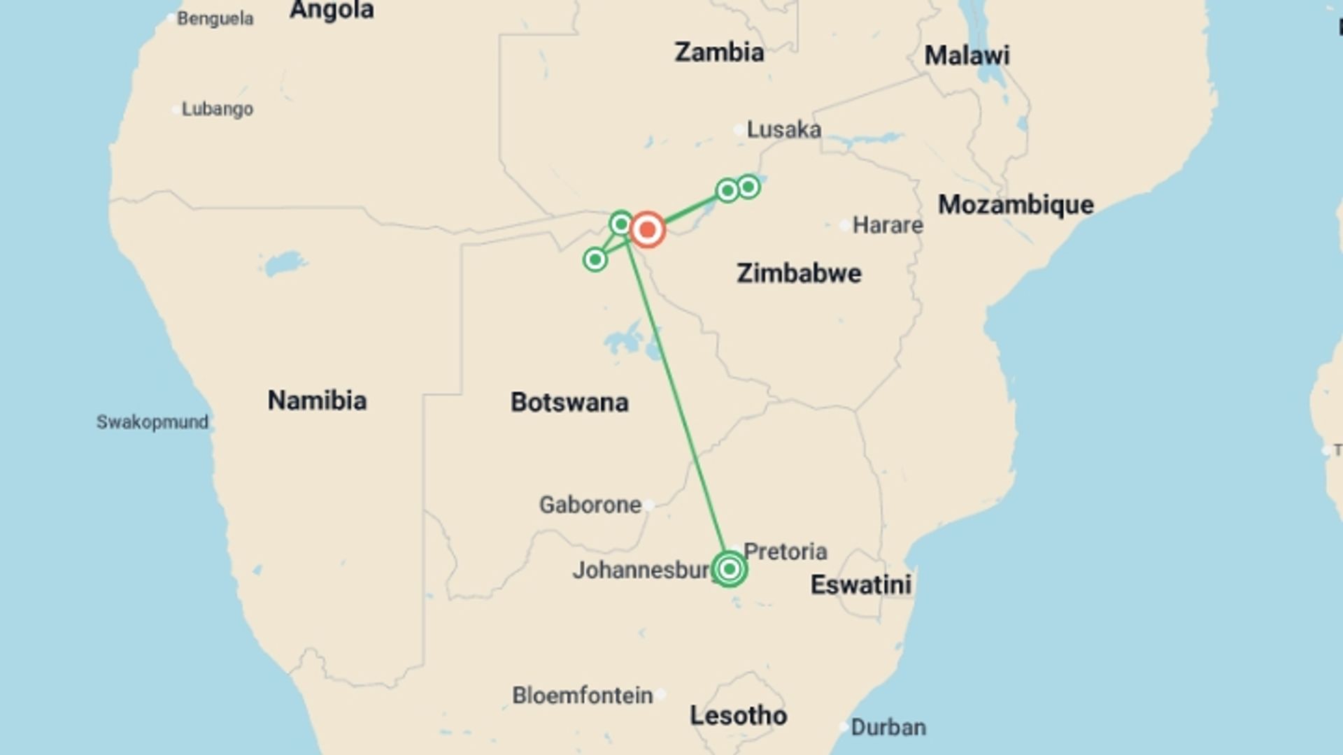 A map showing the tour itinerary for the trip: Safari Cruise along the Zambezi River - South Africa, Botswana, Namibia, Zimbabwe (port-to-port cruise), starting in Johannesburg, South Africa and ending in Victoria Falls, Zimbabwe going through 4 other destinations.
