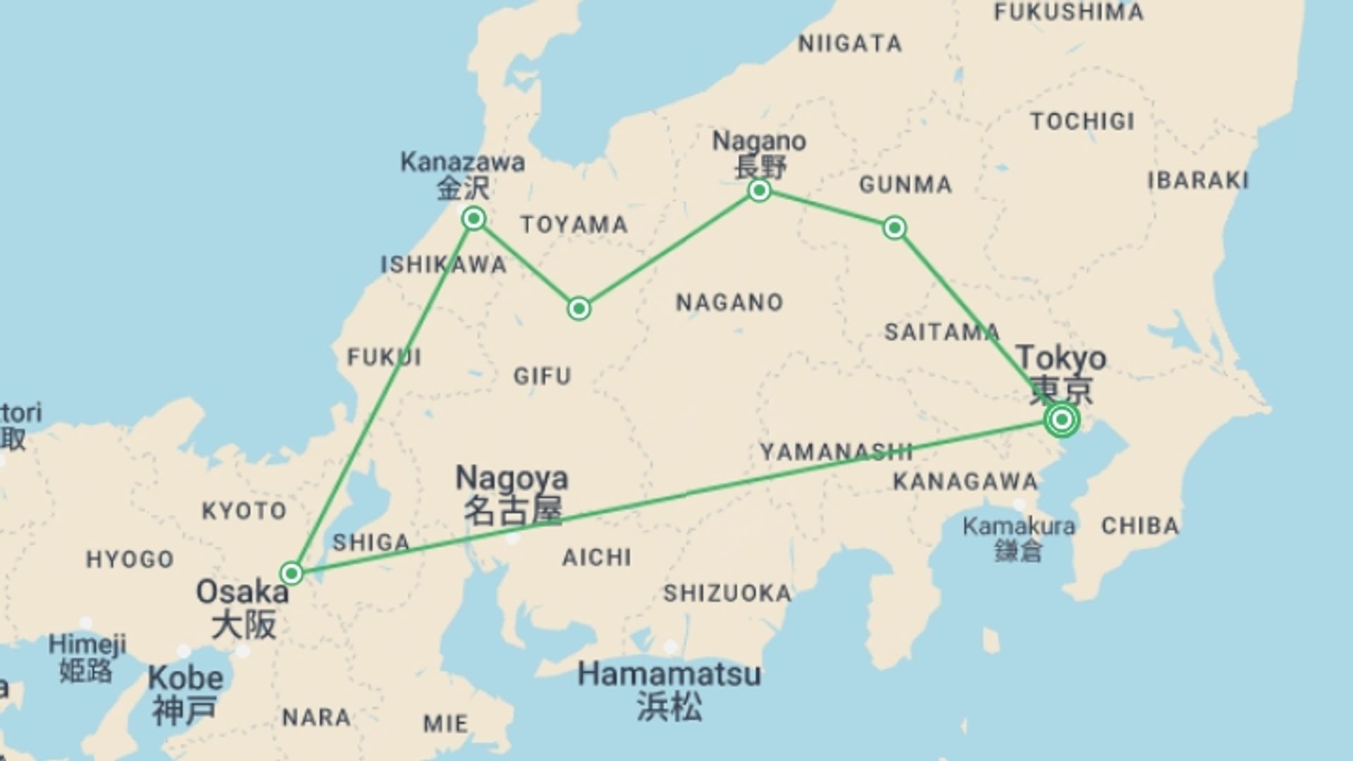 A map showing the tour itinerary for the trip: Feudal Japan with Japanese Alps, starting in Tokyo, Japan and ending in Tokyo, Japan going through 5 other destinations.