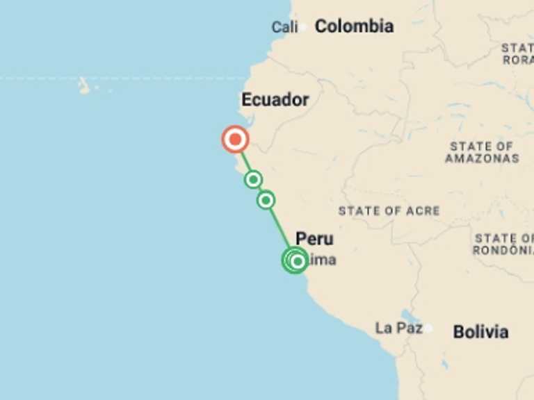 Map itinerary of Lima Tour in Spring with 5 destination visits for the trip: Northern Peru Discovery - 14 days