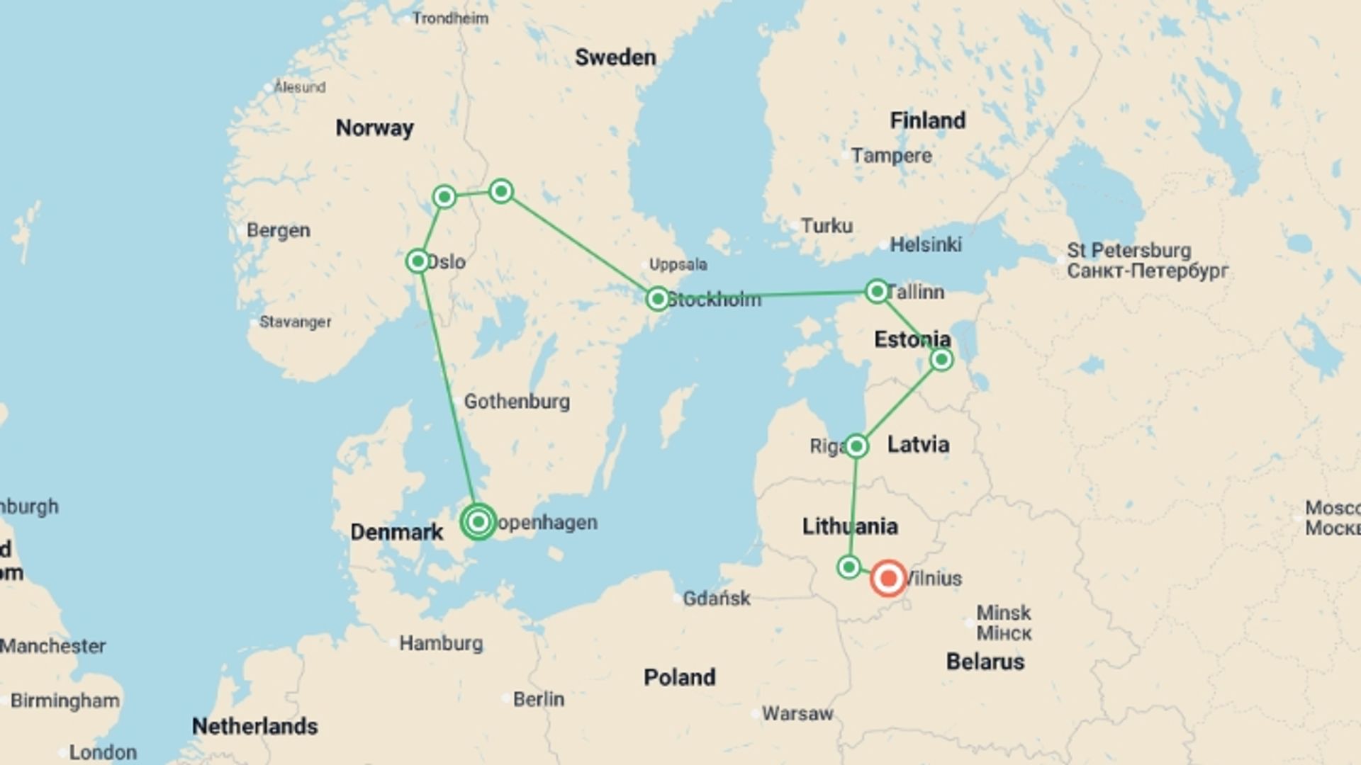 A map showing the tour itinerary for the trip: Scandinavia and Best of Baltics, starting in Copenhagen, Denmark and ending in Vilnius, Lithuania going through 10 other destinations.