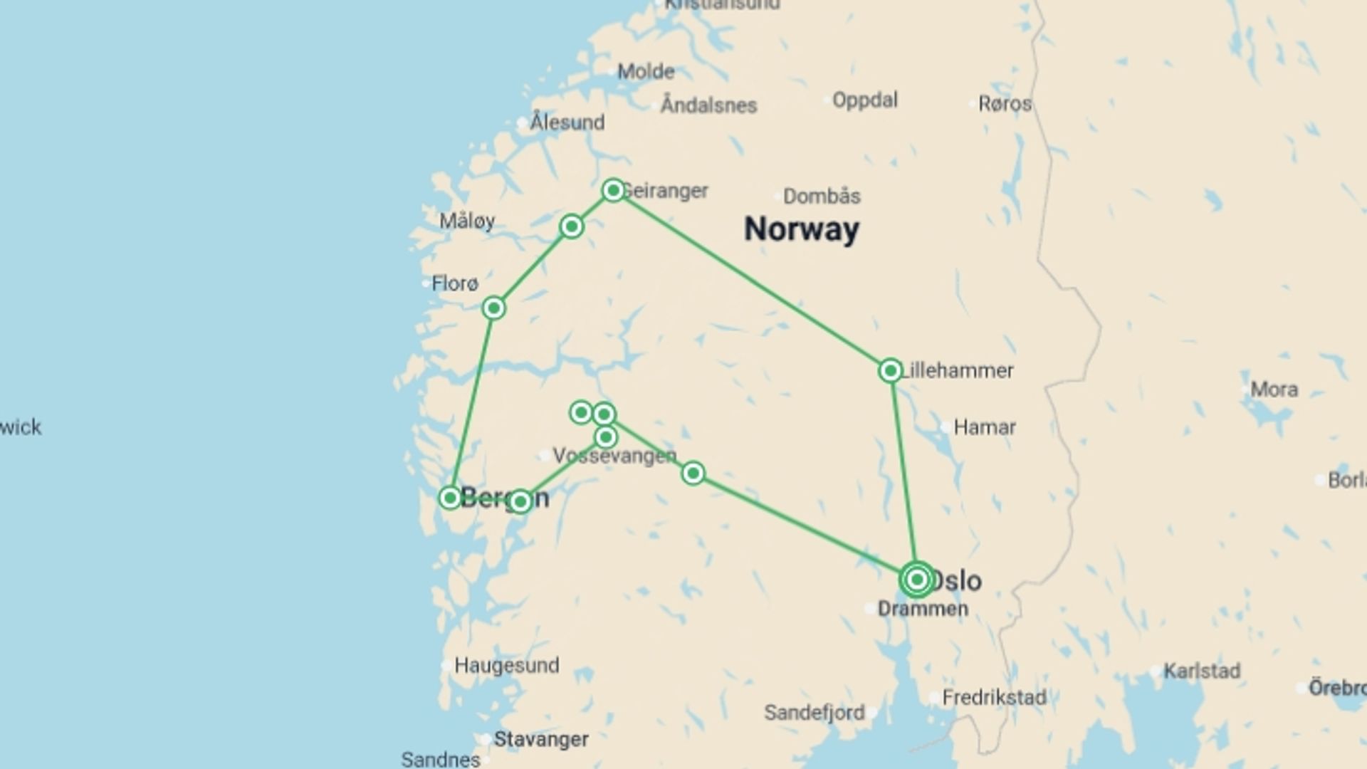 A map showing the tour itinerary for the trip: Scenic Norway Self-Drive - 14 days, starting in Oslo, Norway and ending in Oslo, Norway going through 8 other destinations.