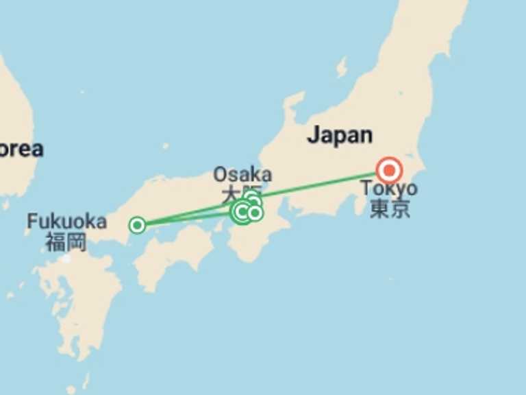 Map of Osaka Museum and gallery visits Tour with 5 destination visits for the trip:  Best Japan Tour:  Rich Traditional Experiences