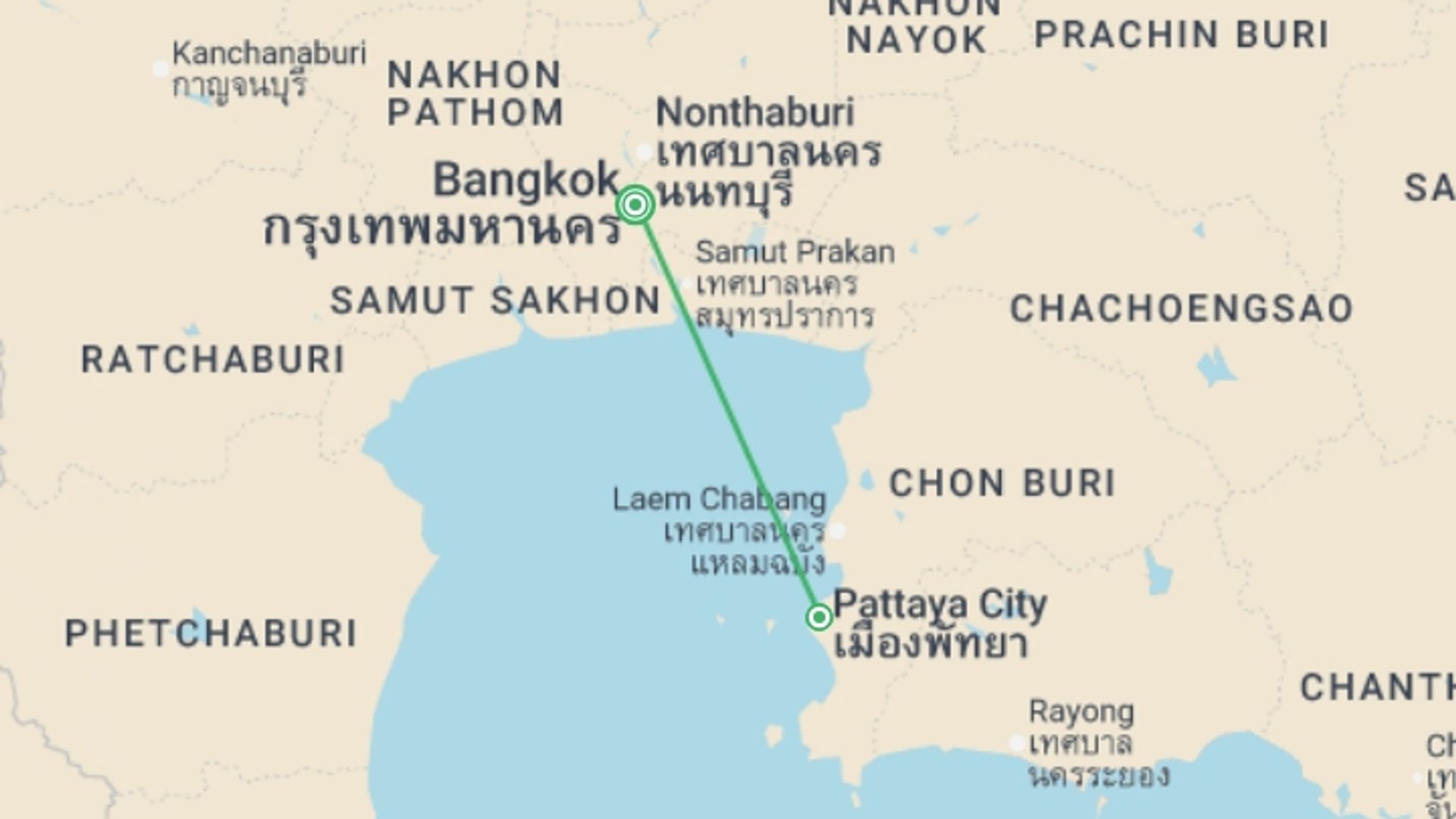 A map showing the tour itinerary for the trip: Pattaya Beach Package, starting in Pattaya City, Thailand and ending in Pattaya City, Thailand going through 2 other destinations.