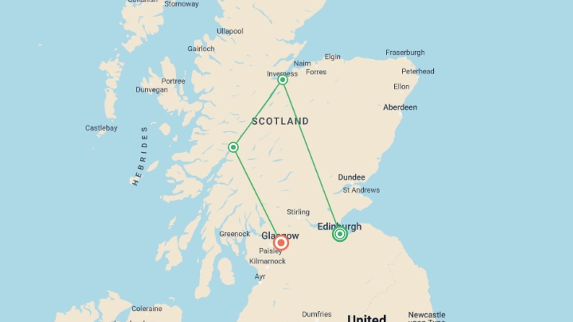 A map showing the tour itinerary for the trip: Highlights of Scotland, starting in Edinburgh, Scotland and ending in Glasgow, Scotland going through 2 other destinations.