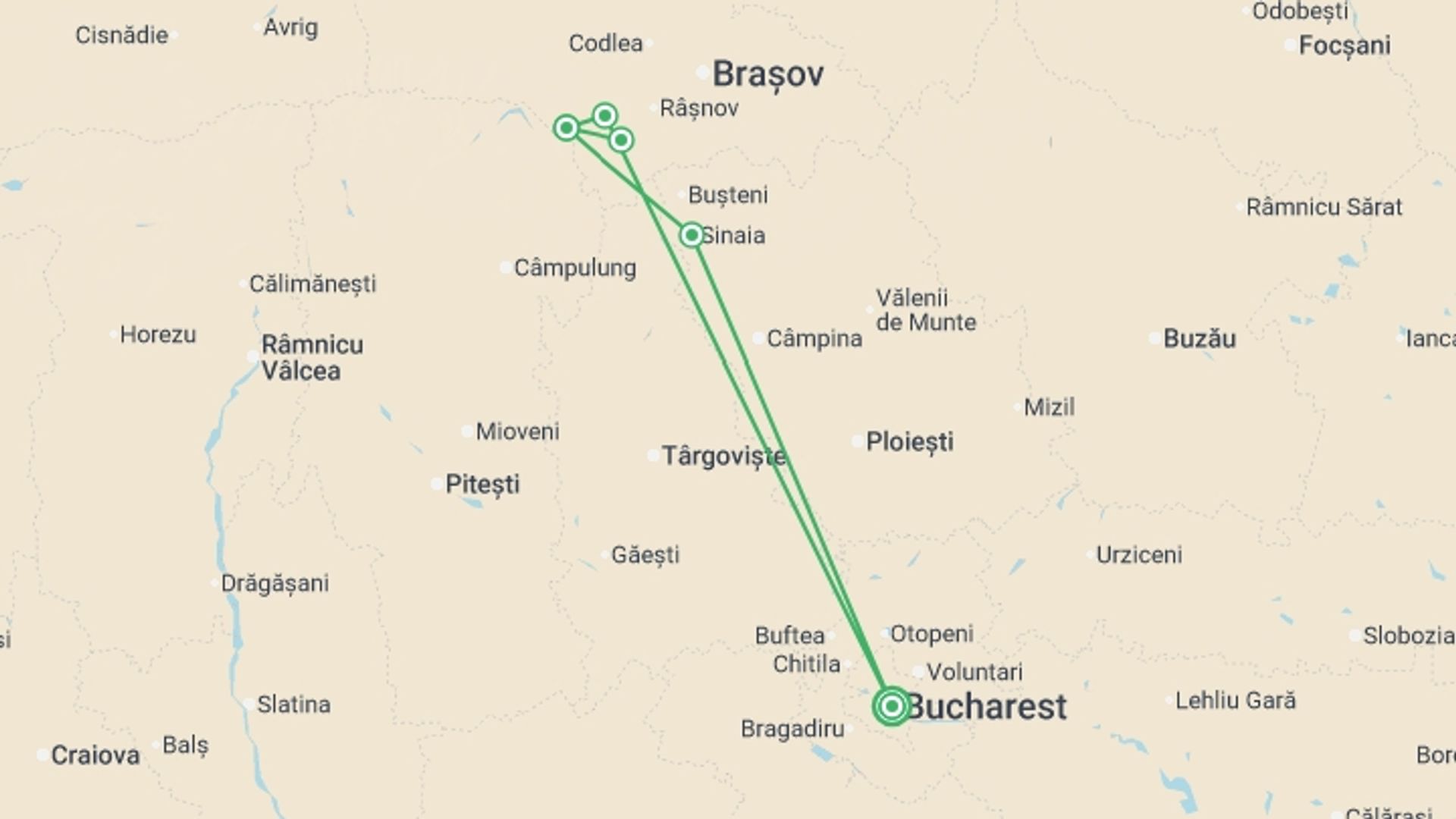 A map showing the tour itinerary for the trip: Walking Romania - Transylvanian Alps Trek, starting in Bucharest, Romania and ending in Bucharest, Romania going through 4 other destinations.