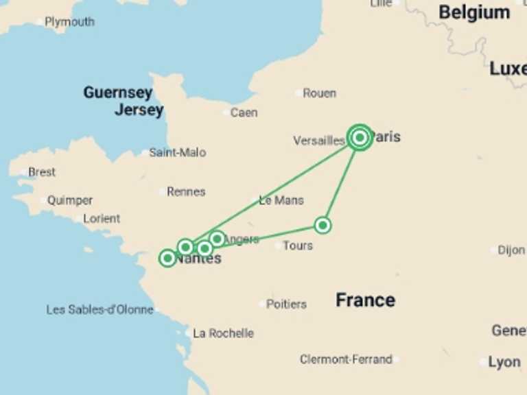 Map of 7-Day Europe Tour with 4 destination visits for the trip: From the Châteaux of Chambord and Chenonceau to the Loire Valley