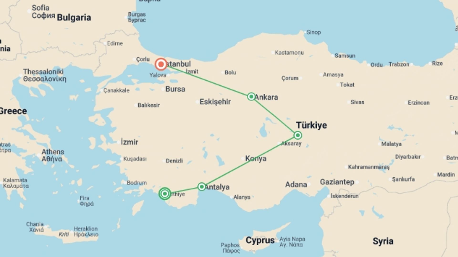 A map showing the tour itinerary for the trip: Journey Across Turkey - 10 days, starting in Fethiye, Turkey and ending in Istanbul, Turkey going through 3 other destinations.