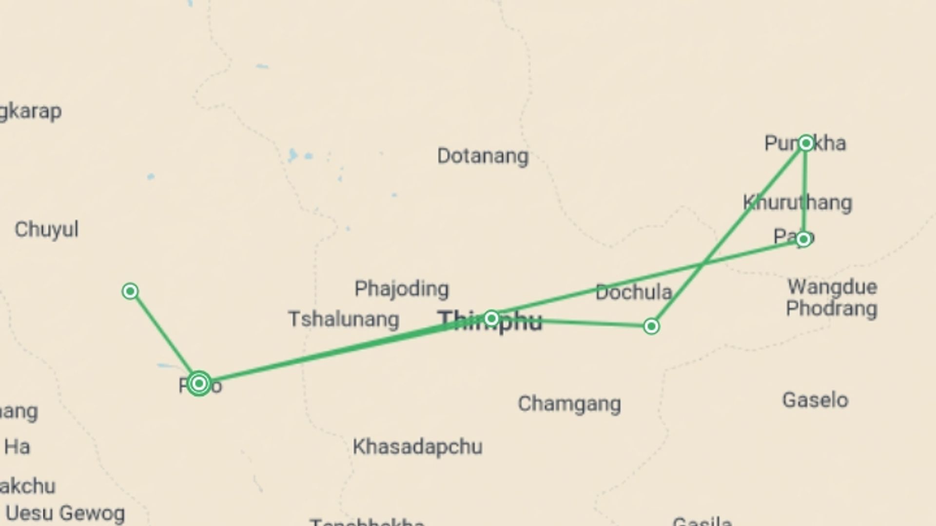 A map showing the tour itinerary for the trip: Hello Bhutan Tour, starting in Paro, Bhutan and ending in Paro, Bhutan going through 3 other destinations.