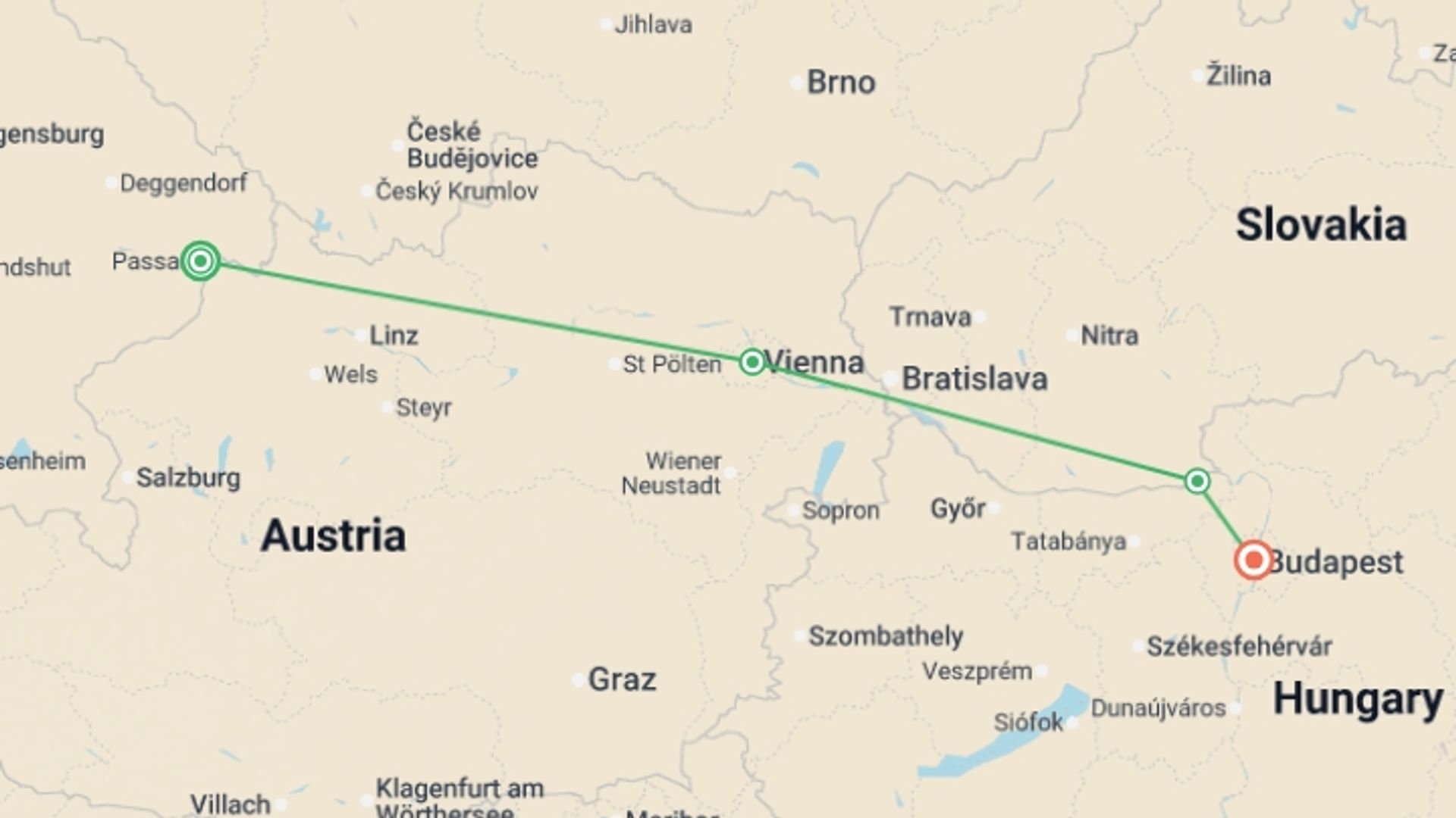 A map showing the tour itinerary for the trip: The beautiful blue Danube (port-to-port cruise), starting in Passau, Germany and ending in Budapest, Hungary going through 3 other destinations.