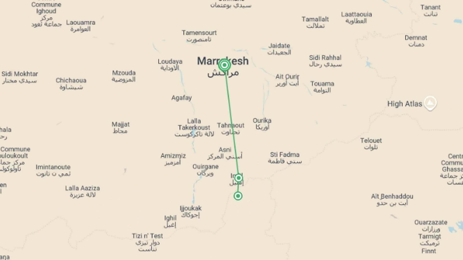 A map showing the tour itinerary for the trip: Mount Toubkal Winter Climb, starting in Marrakech, Morocco and ending in Marrakech, Morocco going through 3 other destinations.