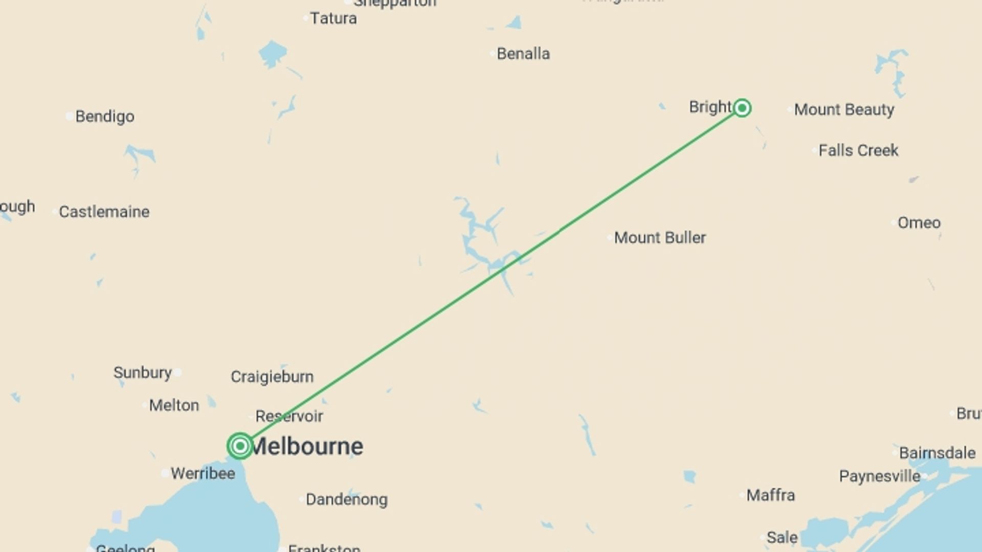 A map showing the tour itinerary for the trip: Walk Victoria's High Country, starting in Melbourne, Australia and ending in Melbourne, Australia going through 1 other destinations.
