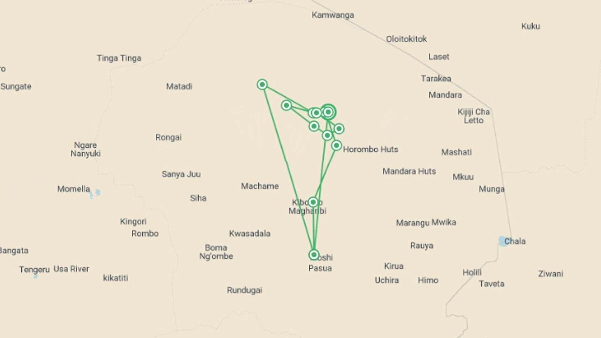 A map showing the tour itinerary for the trip: Lemosho Route, Silver Level Climb (on Request), starting in Kilimanjaro, Tanzania and ending in Kilimanjaro, Tanzania going through 7 other destinations.