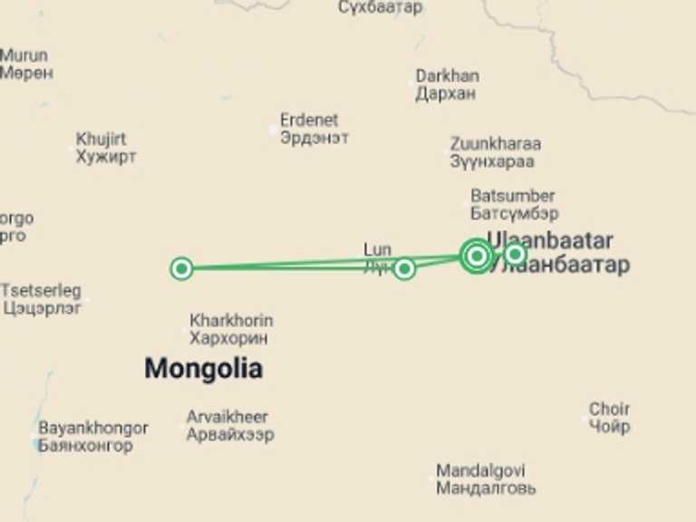 Map itinerary of East Asia Tour in Summer with 5 destination visits for the trip: Grand Tour Mongolia: a Journey Through Time & Naadam Festival